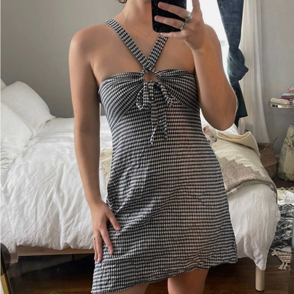 NWT urban outfitters navy gingham dress key hole front tie